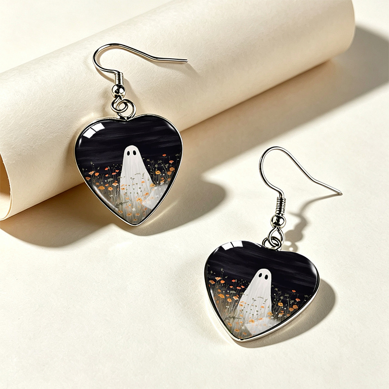 Wildflower Meadow Ghost Pattern Heart-Shaped Earrings